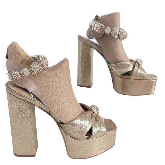 Betsey Johnson Gold Platform Heels 8.5 Rhinestone Glam Going Out Chunky Heel EUC - Picture 3 of 15